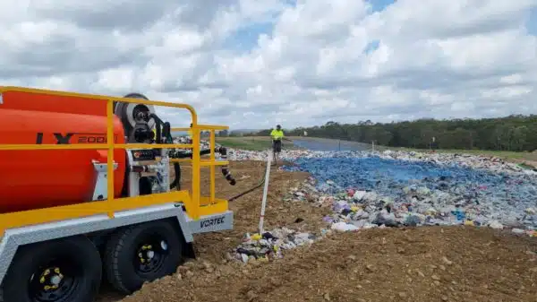 LX2000 landfill cover applicator spraying